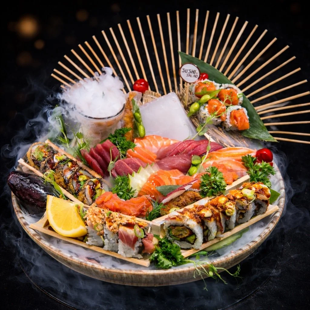 Assorted sushi and sashimi sharing platter with salmon, tuna, garnishes and a decorative bamboo fan.