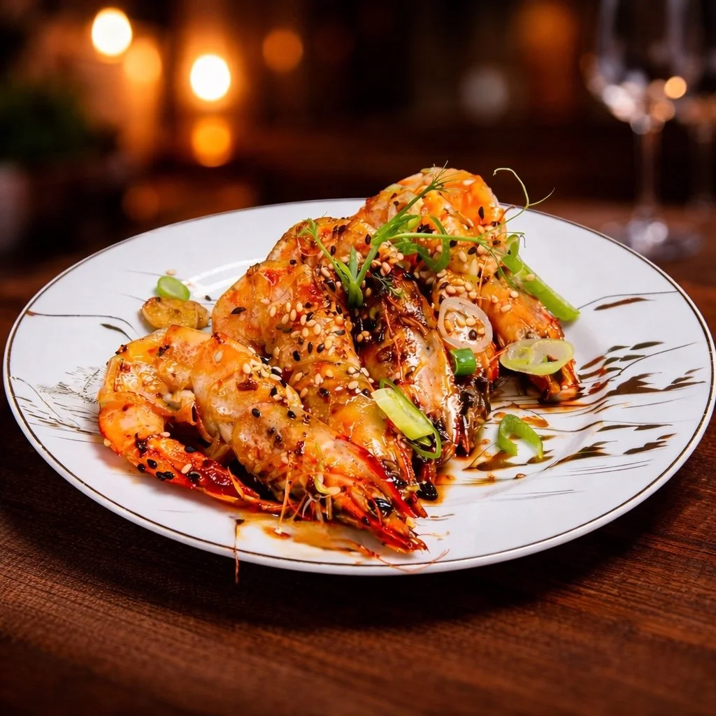 Golden dumplings topped with sauces, sesame seeds and sliced spring onions.