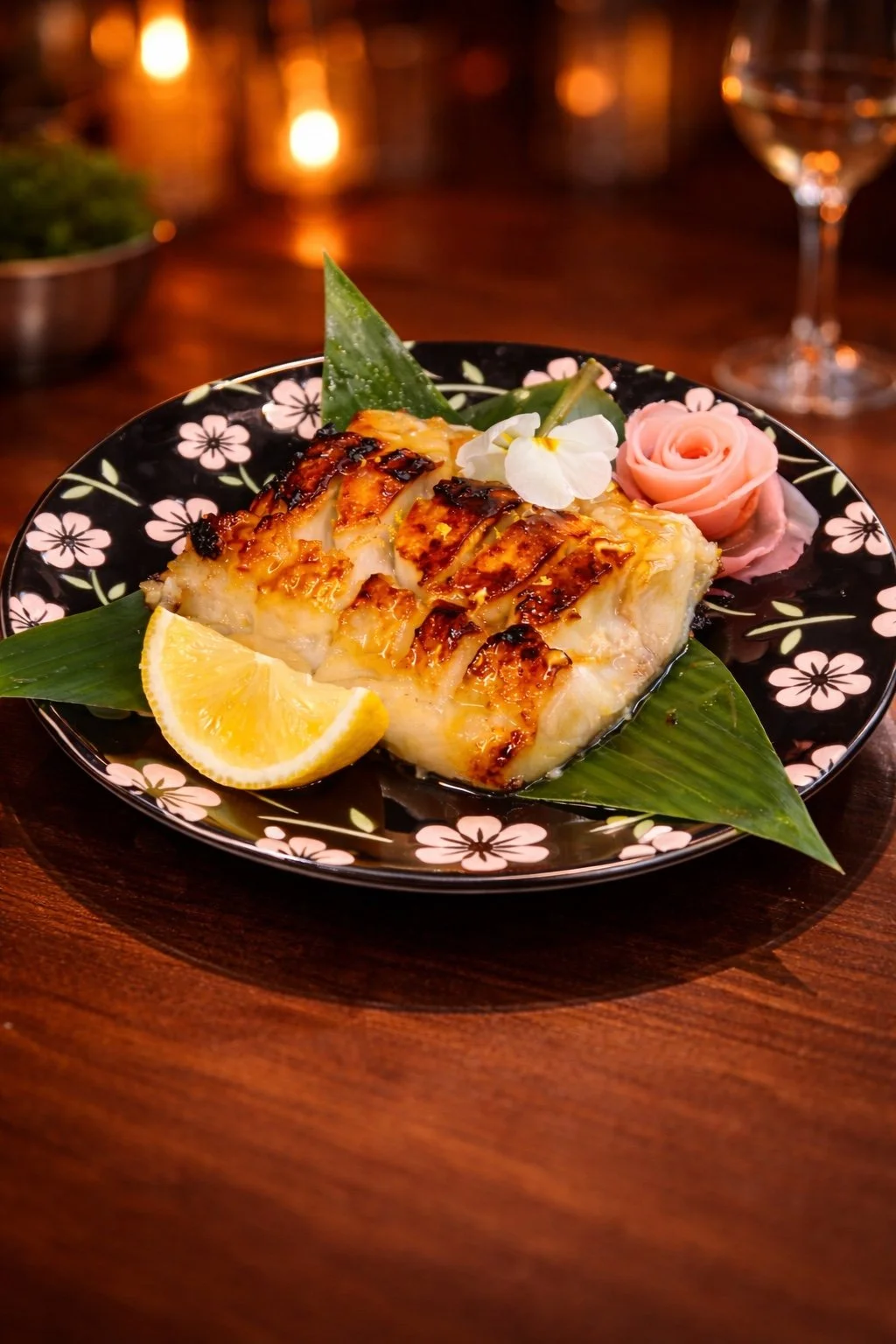 Grilled fish fillet served with lemon and pickled ginger on a floral ceramic plate.