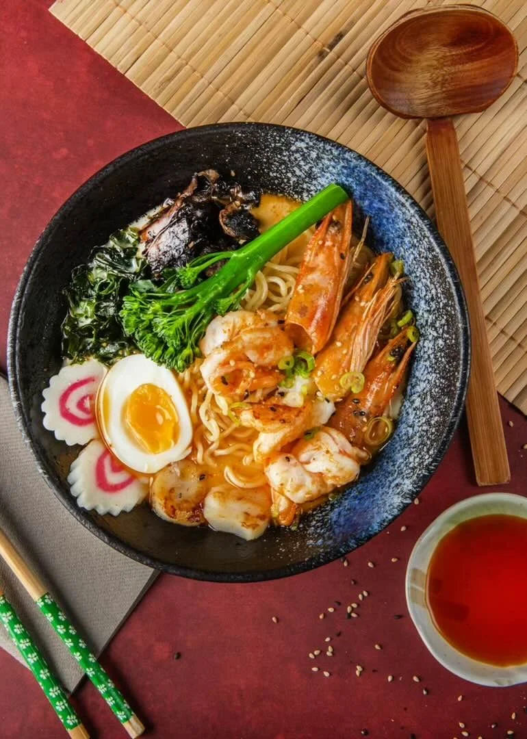 Seafood ramen with prawns, scallops, egg and vegetables at Sushi & Salad.