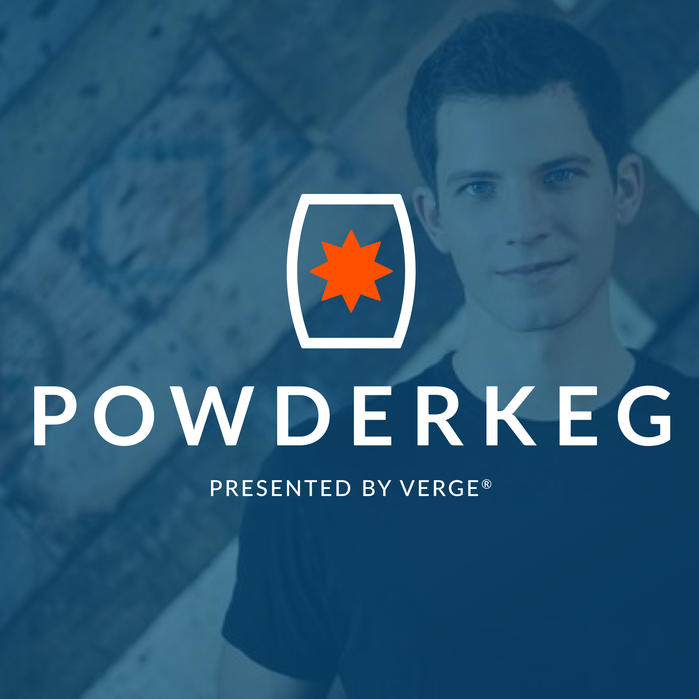 Logo for Powderkeg with an orange star-shaped symbol inside a white outline of a glass, and the text "Powderkeg Presented by Verge" over a blue-tinted background with a faint image of a young man smiling.