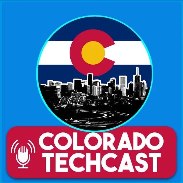 Logo for Colorado TechCast featuring a Colorado flag, city skyline, and microphone with text.