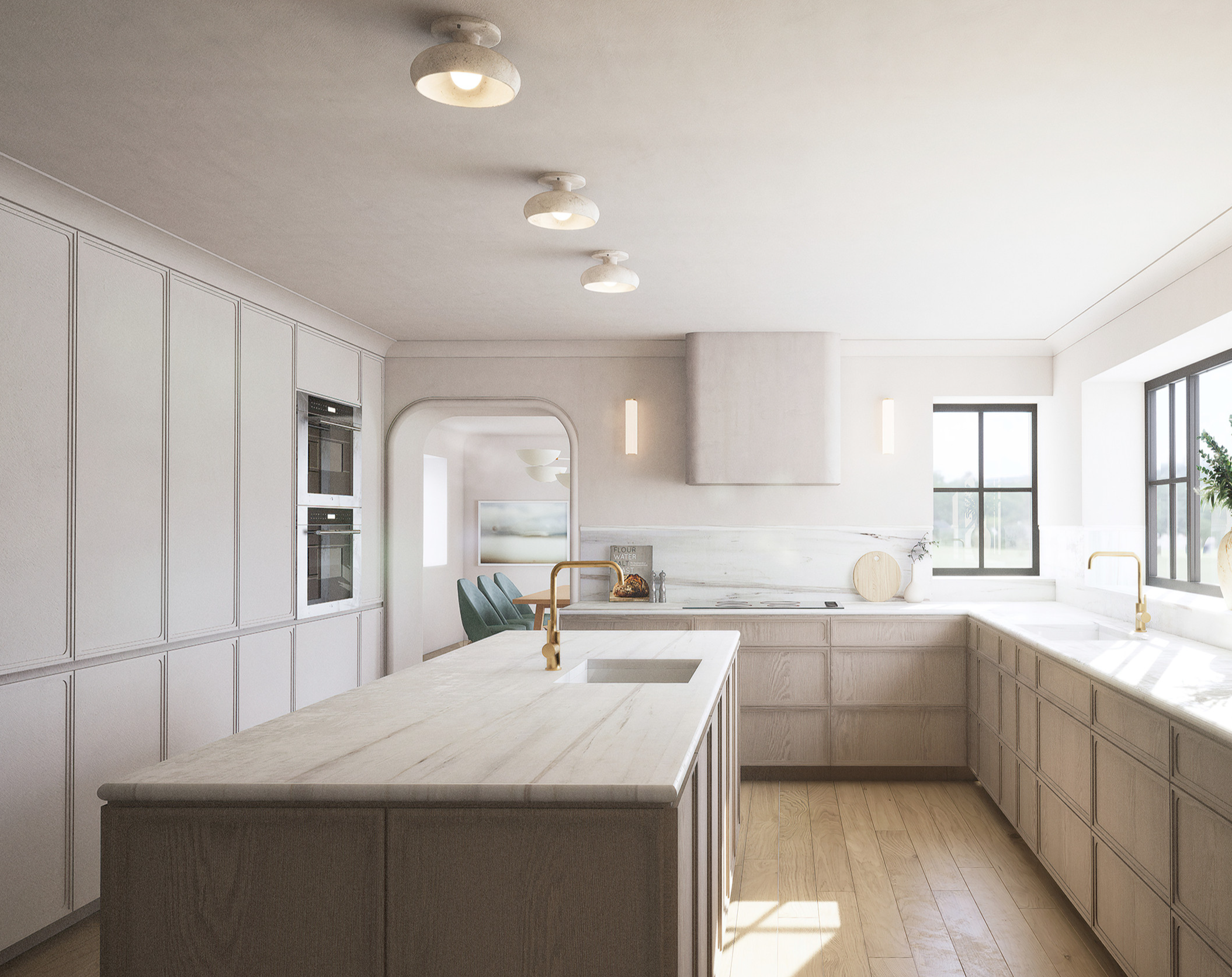 Bright, minimalist kitchen with white cabinetry, marble countertops, and large windows with black frames letting in natural light.