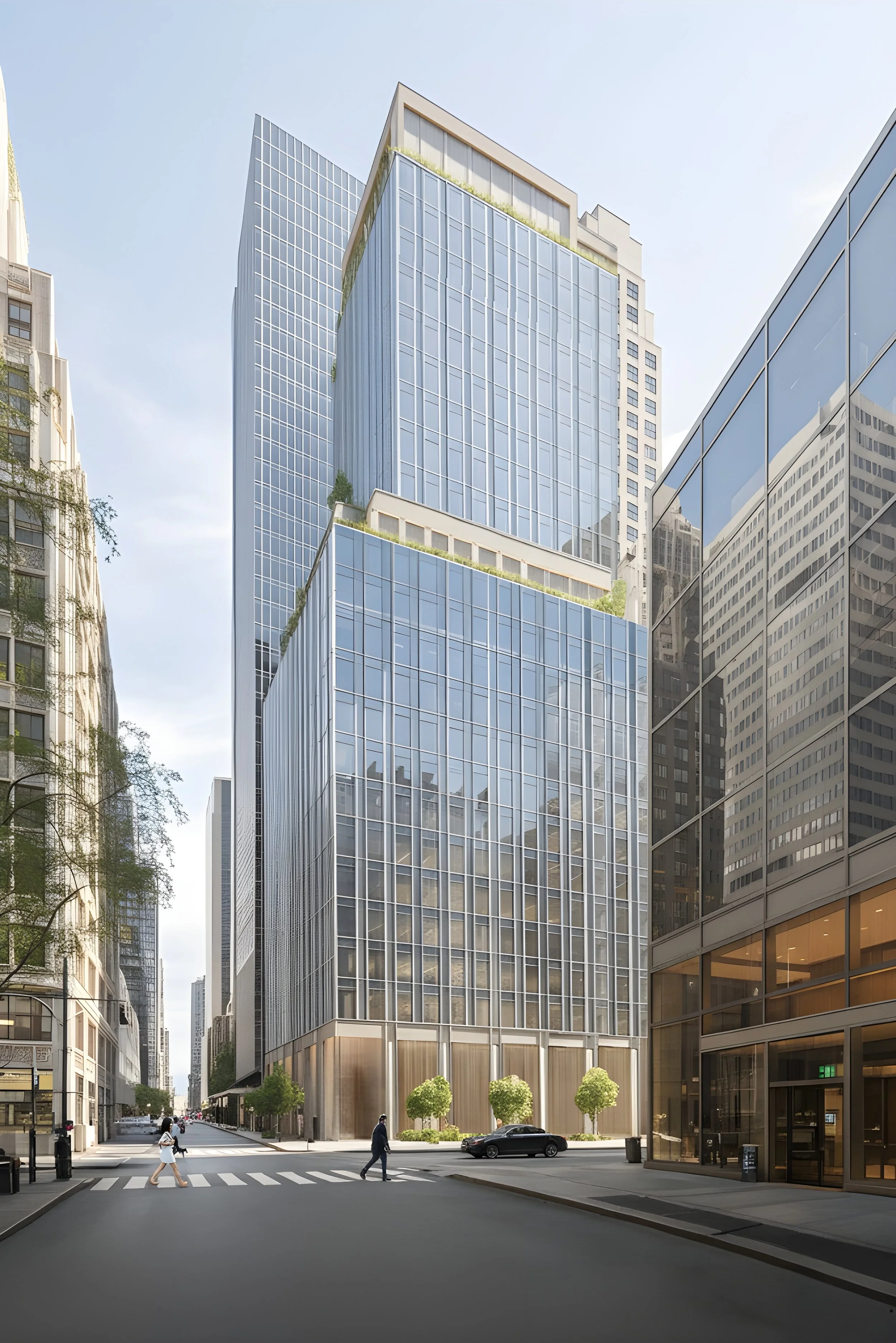 Modern glass skyscraper on a city street with pedestrians crossing and trees at the sidewalk