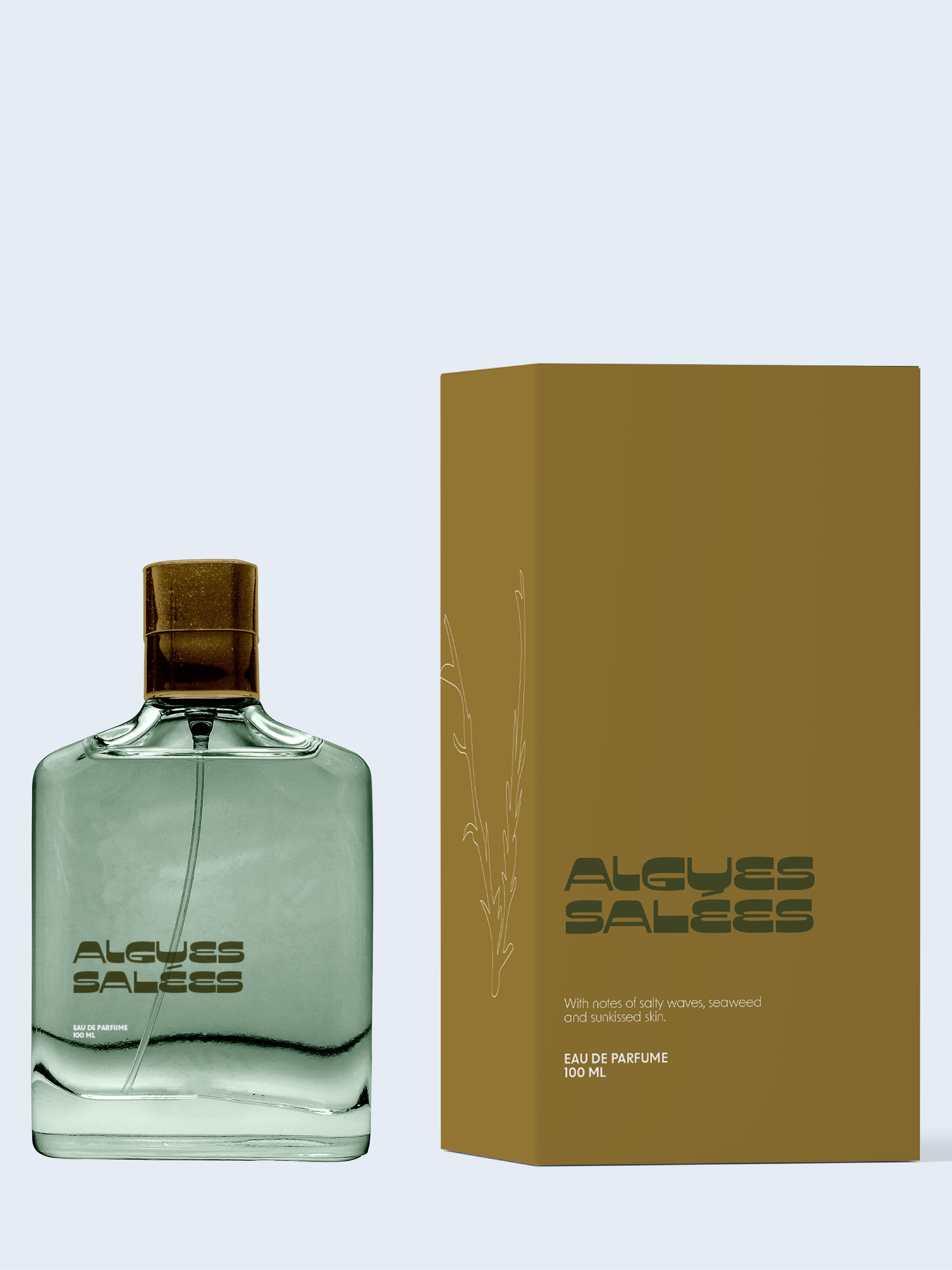 En parfymflaska och en guldfärgad förvaringsbox märkt 'ALGUES SALGES'.