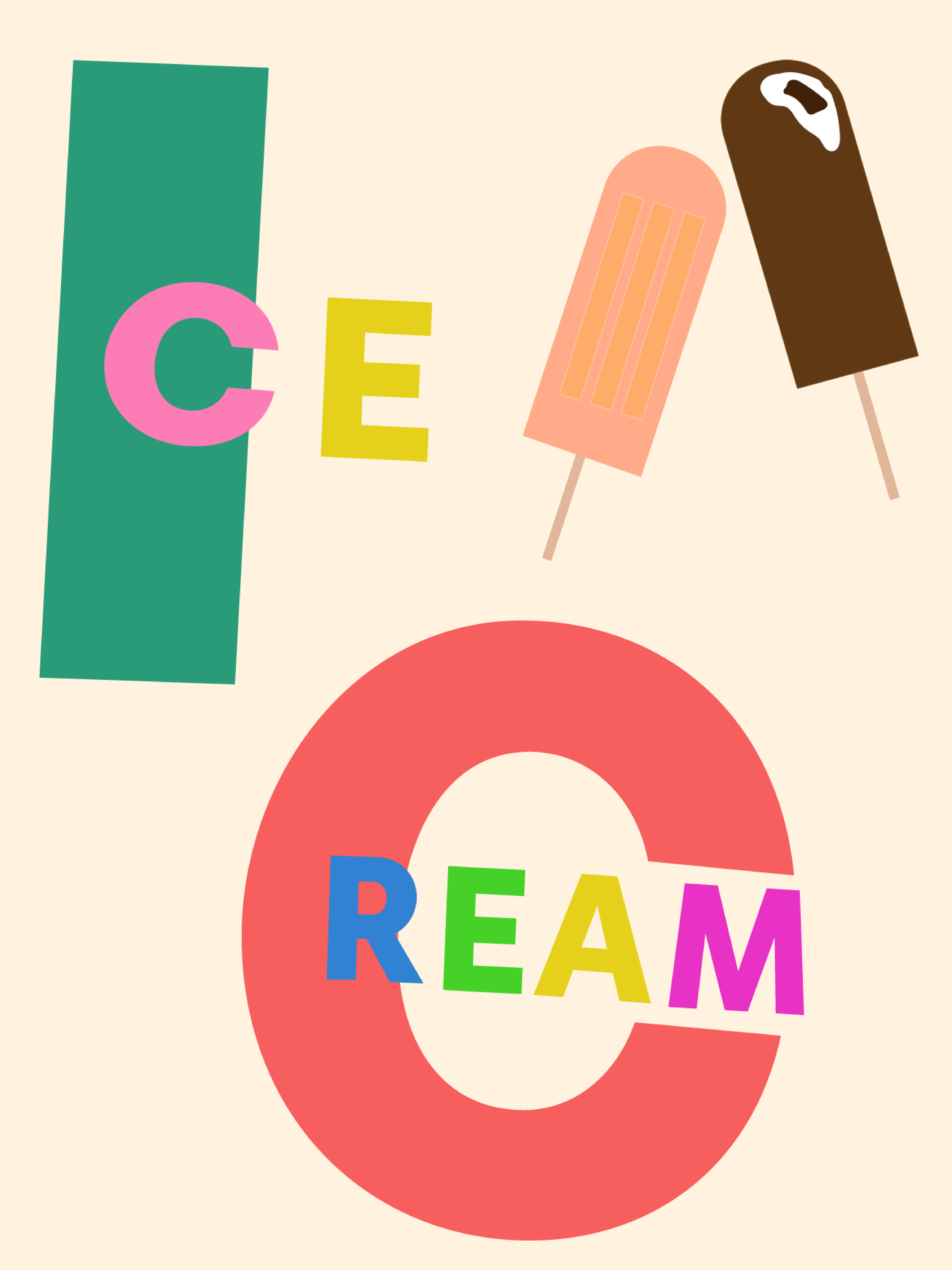 Färgglad illustration med texten 'Ice Cream' och två olika glasspinnar.