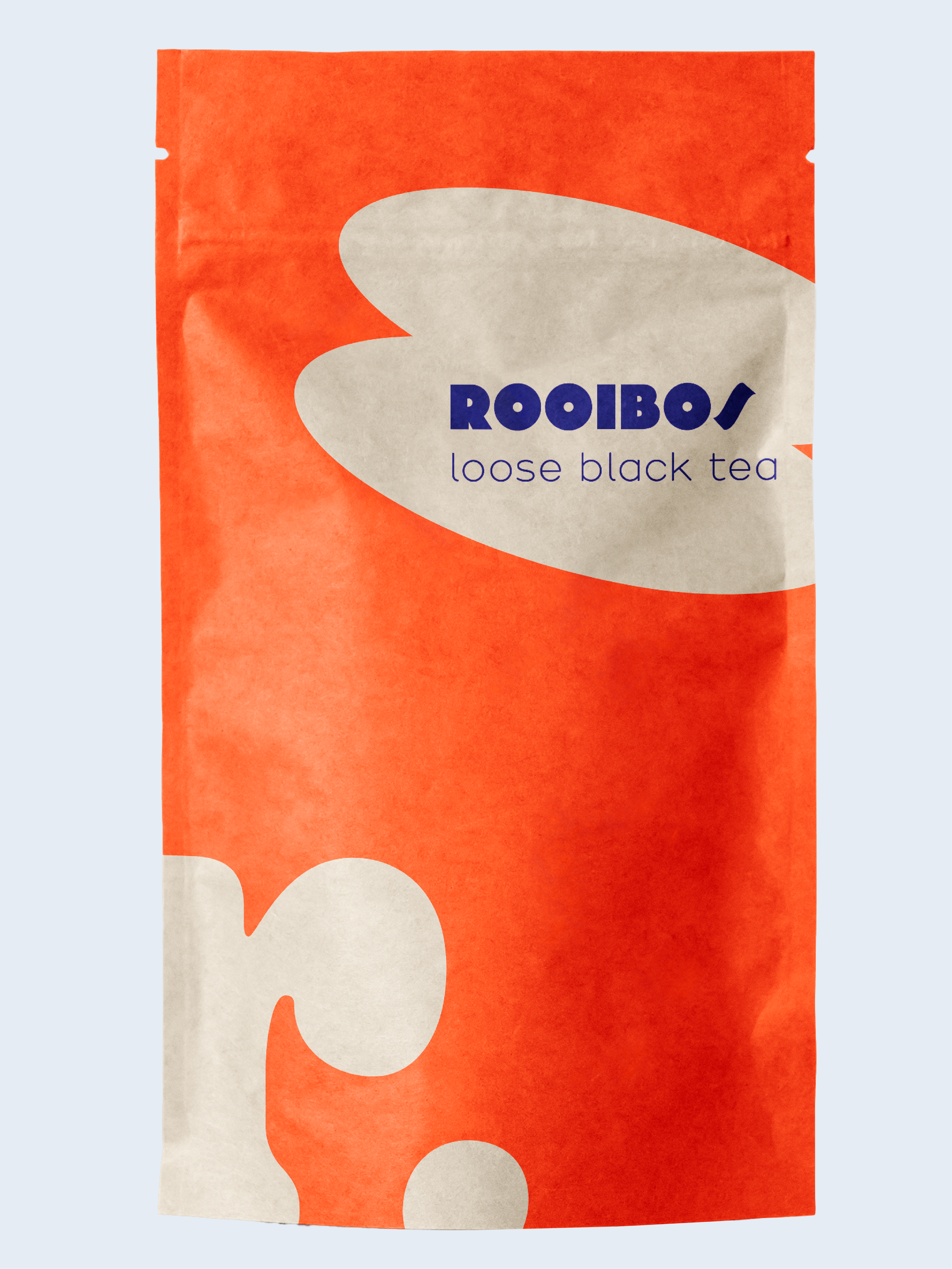 Förpackning av Rooibos löst svart te med orange och beige design.