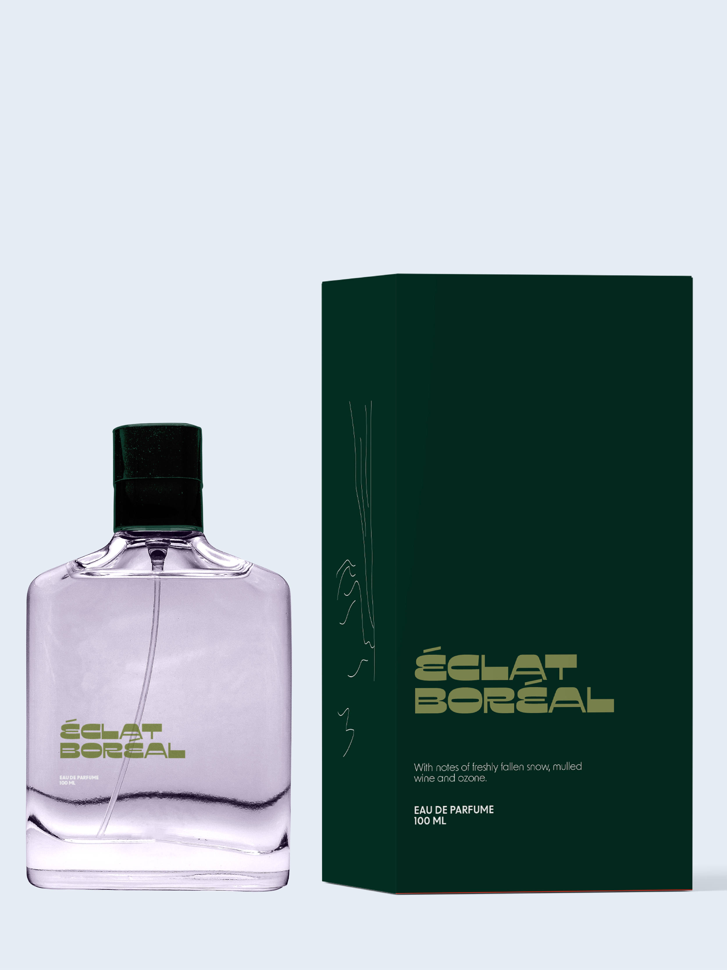En parfymflaska och en mörkgrön förpackning med texten Éclat Boréal