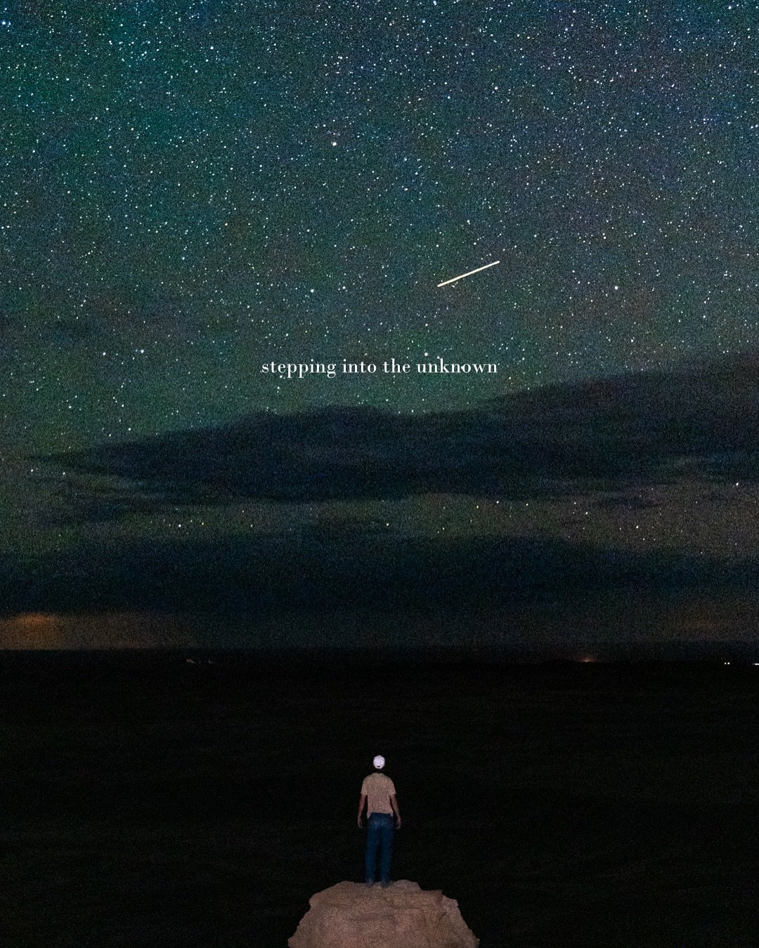 These are in no way my best pieces of work, but I feel they do a great job at depicting "stepping out," possibly into the adventure of a lifetime. 

Figures overlook a sea of darkness and the breadth of the Milky Way. The sunrises over a la
