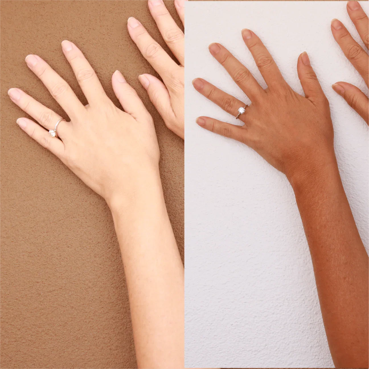 Comparison of two hands wearing engagement rings on different skin tones, with one hand on a brown background and the other on a white background.