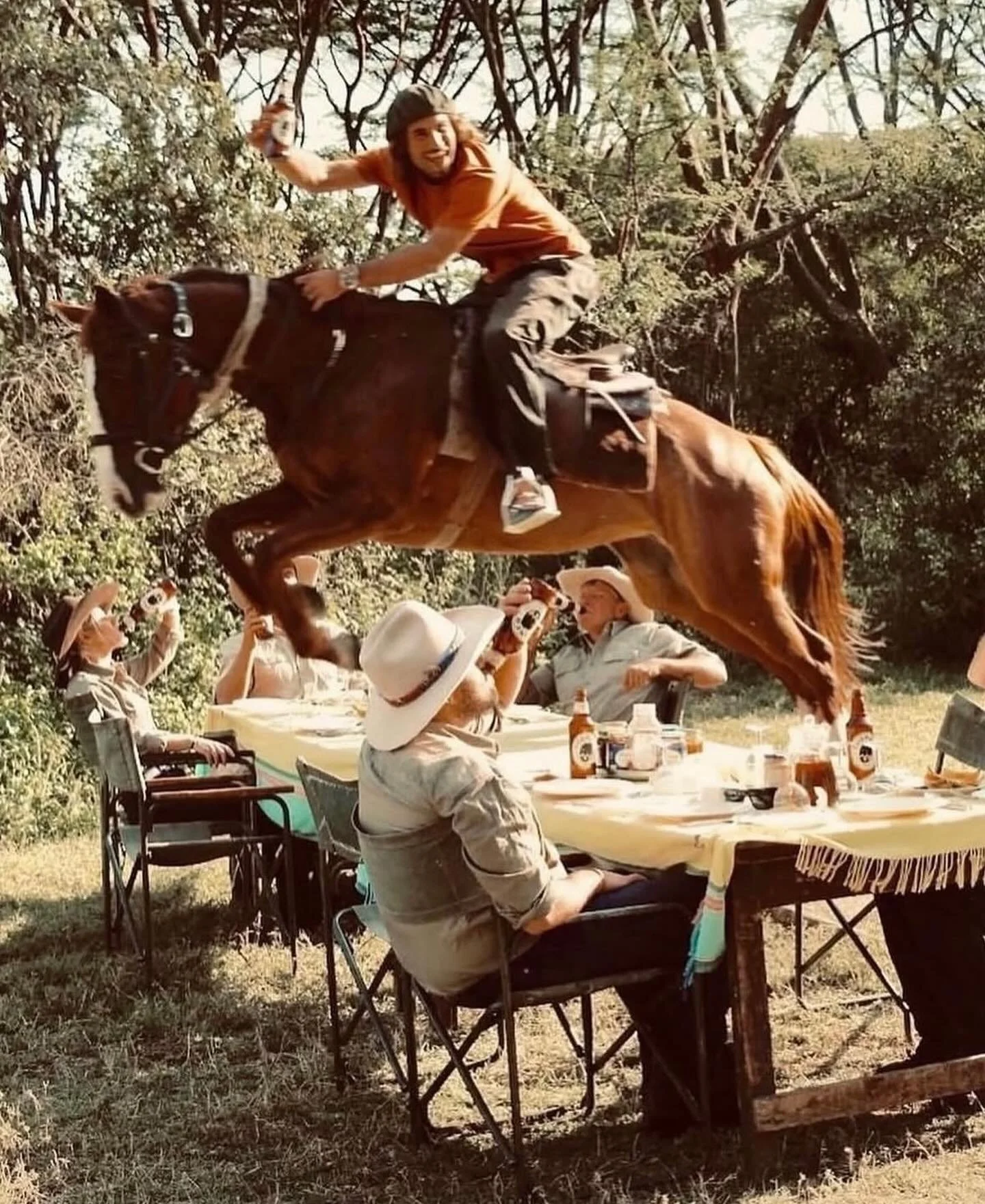 Clearing hurdles, spilling zero beers. &mdash; Courtesy of @blacksaddletravel 

Jakob von Plessen jumps the breakfast table on safari with Offbeat in the Maasai Mara, Kenya.