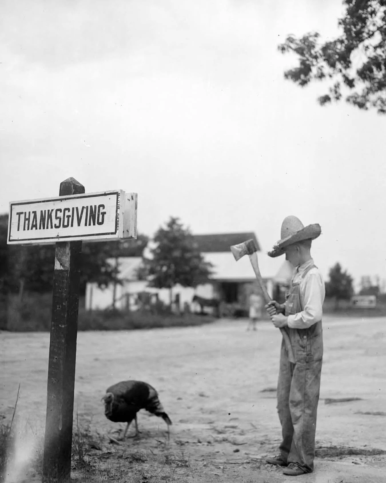 Well, that&rsquo;s one way to prep. 

An unidentified child is seen with an axe and a nearby turkey in the Johnston County community of Thanksgiving in 1939.

This township was named for Thanksgiving Baptist Church which was founded nearby on Thanksg