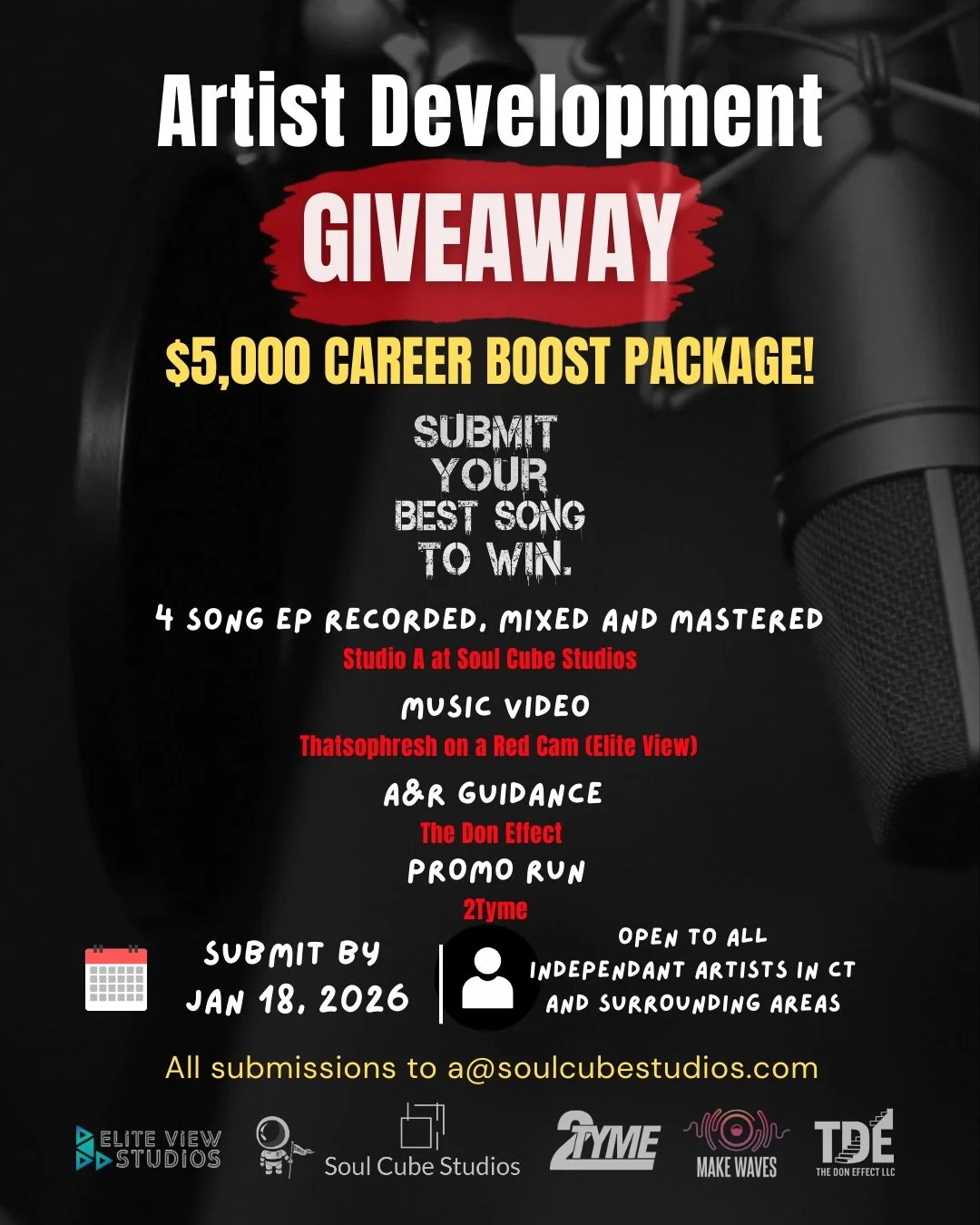 ARTIST DEVELOPMENT GIVEAWAY

$5,000 Career Boost

We&rsquo;re selecting ONE independent artist for a full artist development package.

HOW TO ENTER:

Submit ONE song that best represents your sound, artistry and message.

Submit all mp3s to A@soulcub