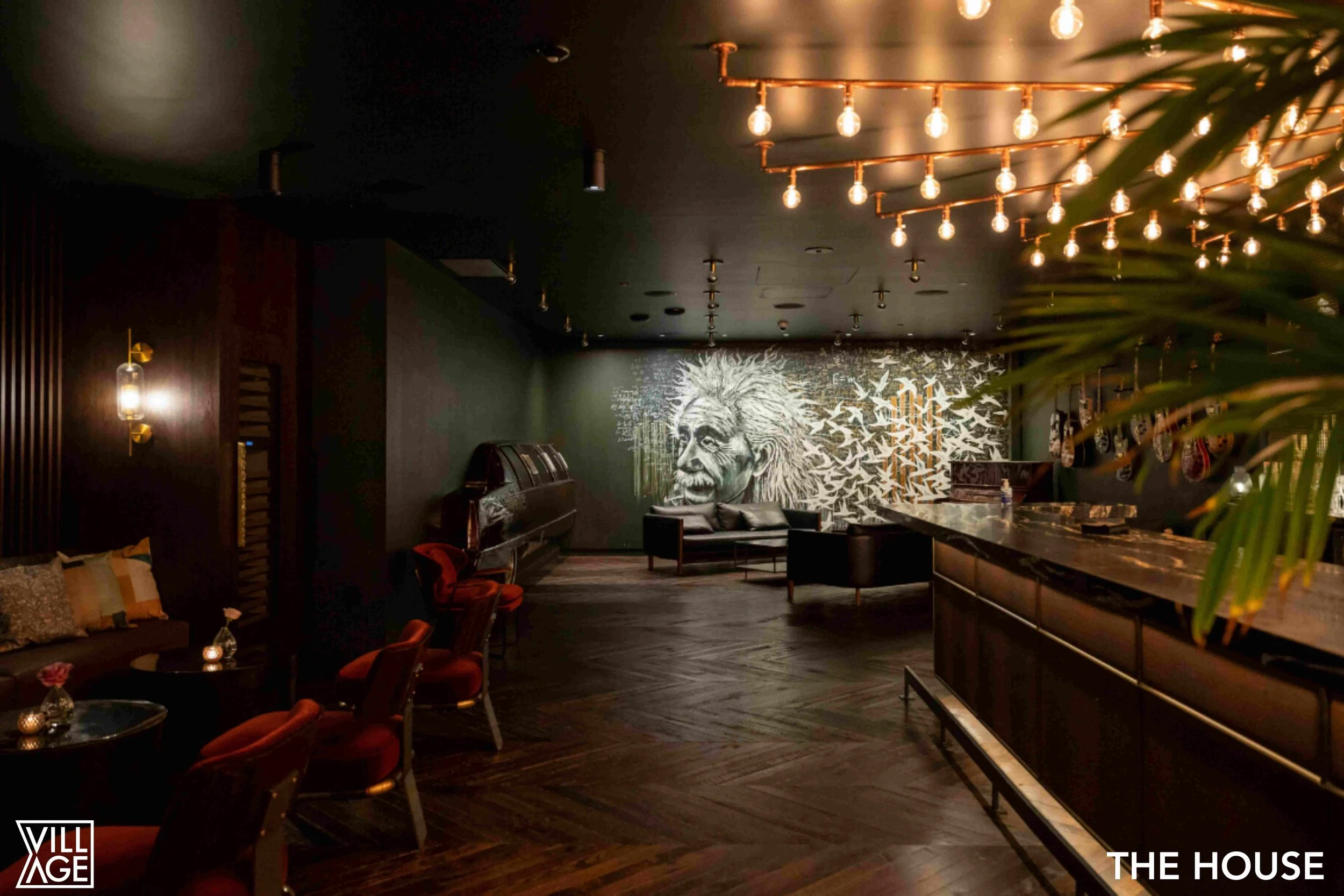 Interior of a dimly lit lounge or bar with a large mural of Albert Einstein on the wall, decorative string lights on the ceiling, a dark marble bar counter, and various seating arrangements including chairs and sofas.