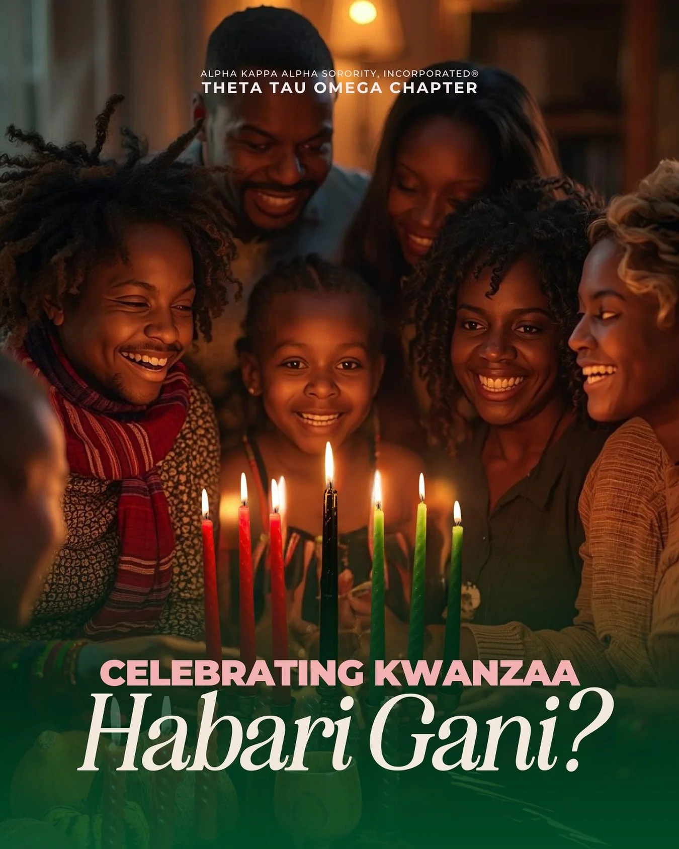 Habari Gani! Theta Tau Omega Chapter honors the seven principles of Kwanzaa:

🖤 Umoja (Unity)
💚 Kujichagulia (Self-Determination)
🖤 Ujima (Collective Work and Responsibility)
💚 Ujamaa (Cooperative Economics)
🖤 Nia (Purpose)
💚 Kuumba (Creativity