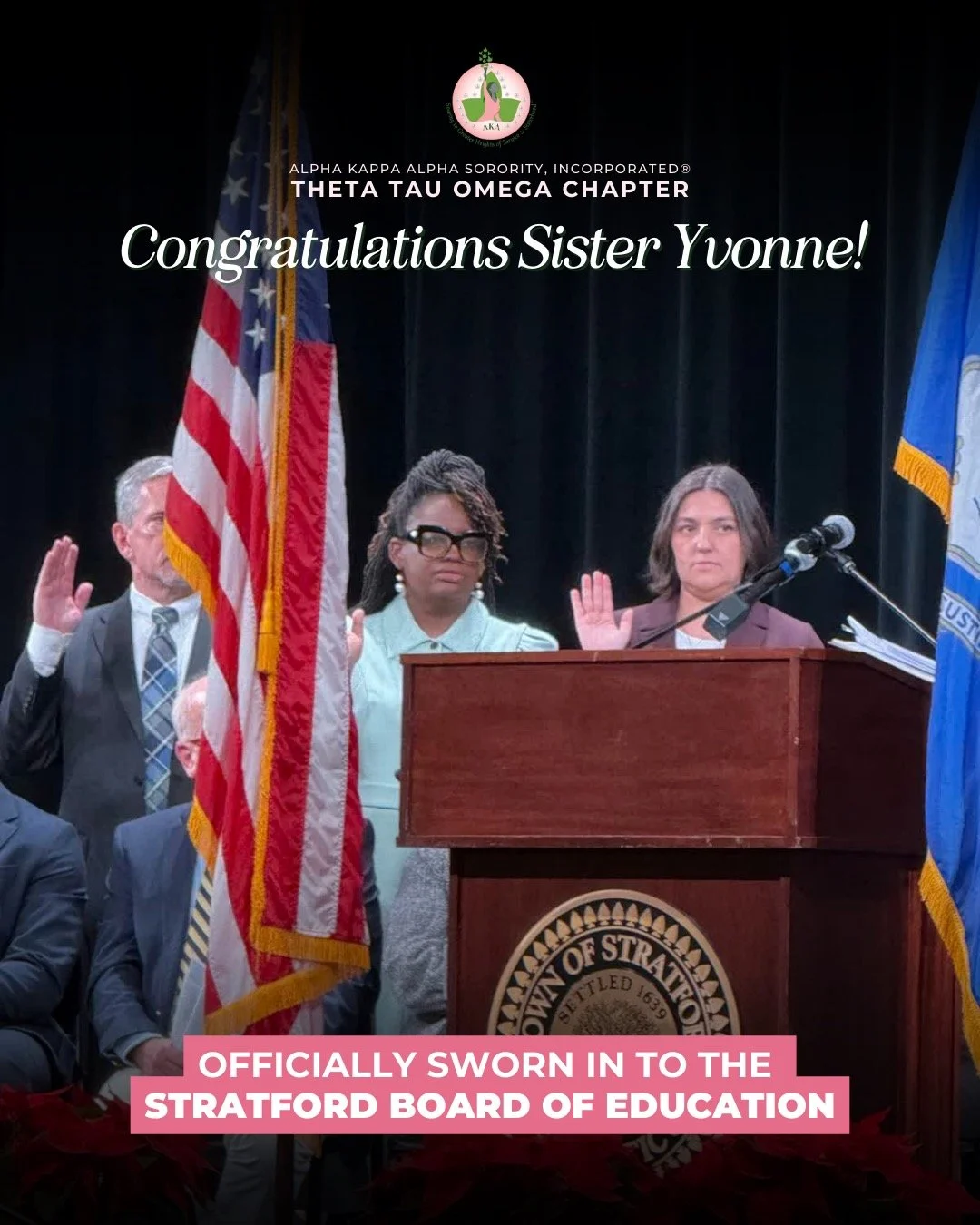 OFFICIALLY SWORN IN 🎉 Congratulations to Sister Yvonne on her official inauguration as a Board of Education member for the town of Stratford! 
Yesterday, Theta Tau Omega sisters gathered to witness this momentous occasion as Sister Yvonne was sworn 