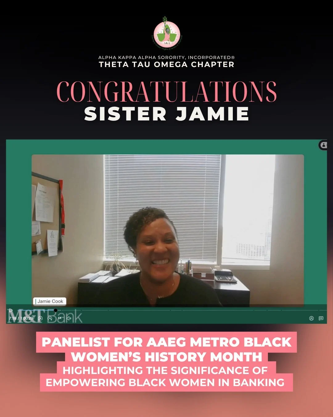 Representation Matters 💚 Sister Jamie took the (virtual) stage as a panelist for AAEG-Metro's Black Women's History Month celebration, and we couldn't be prouder!

The panel focused on empowering Black women in banking and leadership roles&mdash;and