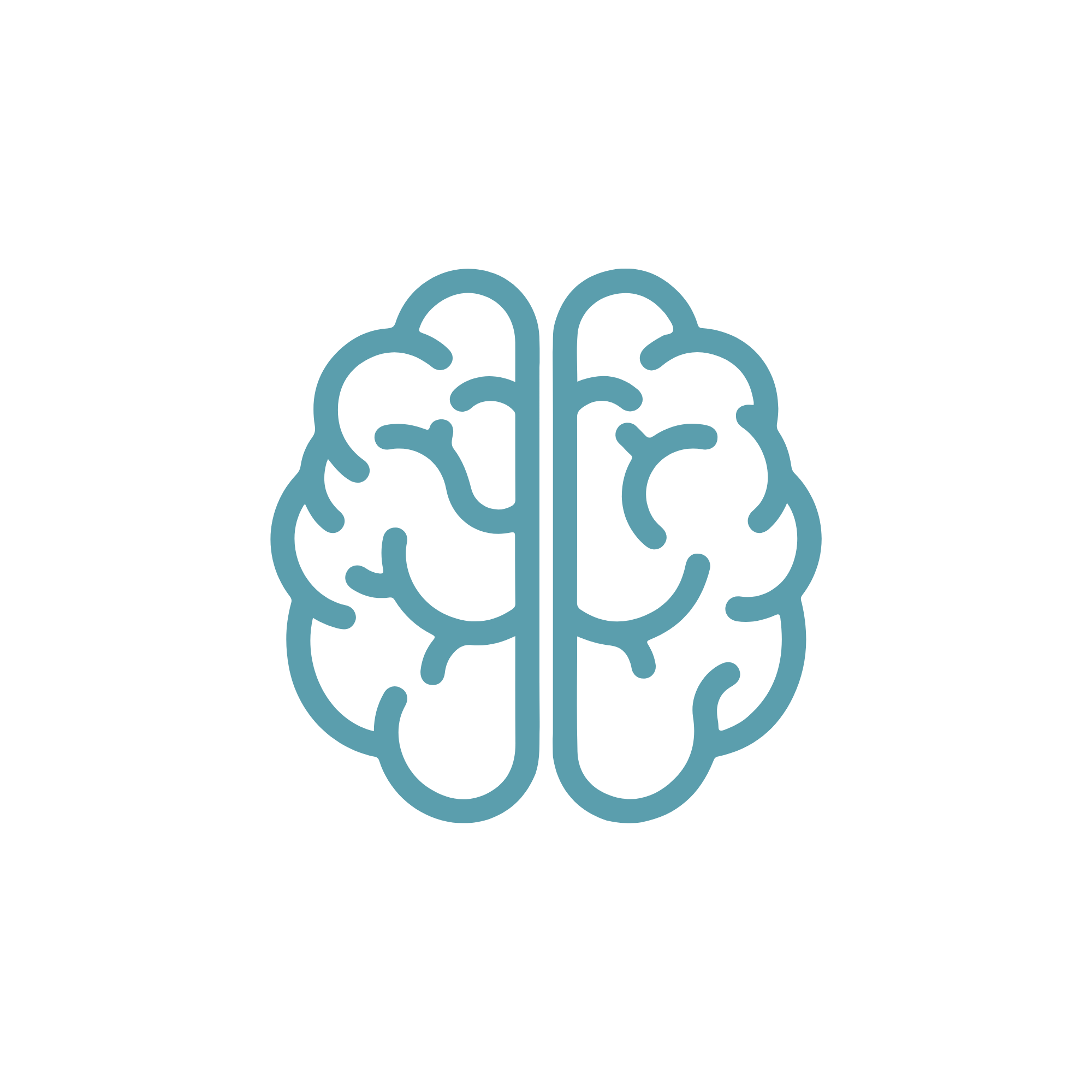 An outline of a human brain in blue against a black background.