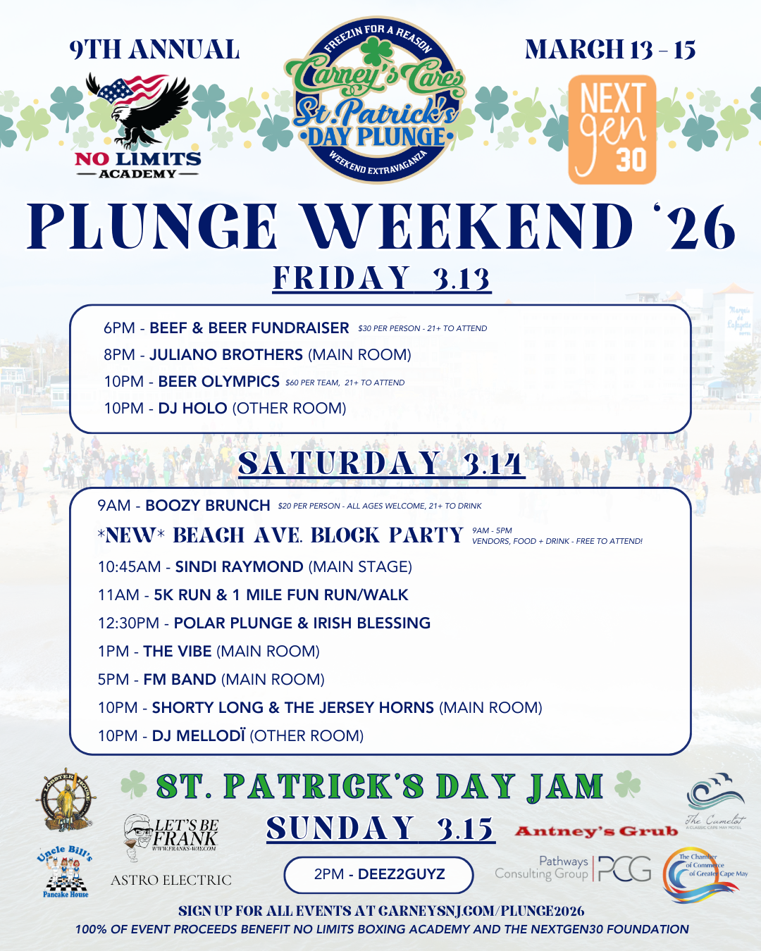 Schedule for the 9th Annual Plunge Weekend 2026 including events on March 13-15, 2026 at a beach. Events include fundraisers, parties, races, performances, and charity plunges, with various times and locations listed.