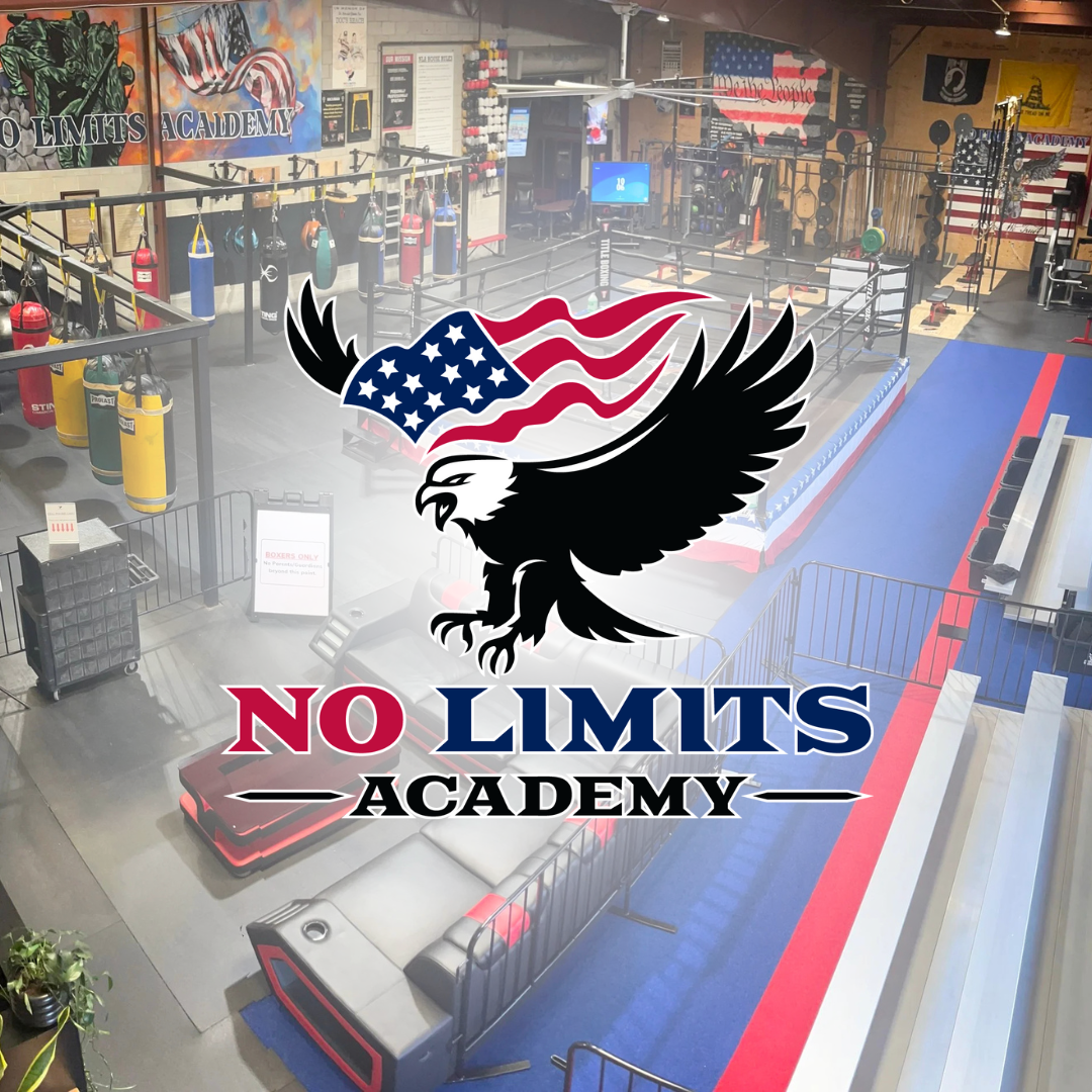 Interior of a boxing gym with punching bags, a boxing ring, and fighting equipment, featuring a large logo of an eagle with an American flag, and the words 'No Limits Academy'.