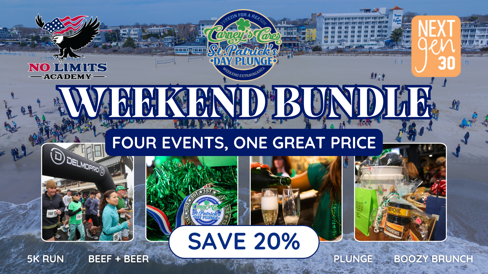 Poster advertising a weekend event bundle promotion for a St. Patrick's Day celebration, including activities like a 5K run, beef and beer, a plunge, and a boozy brunch, with a 20% discount. The poster features images of runners, trophies, people pouring drinks, and snacks, with logos and text promoting the event.