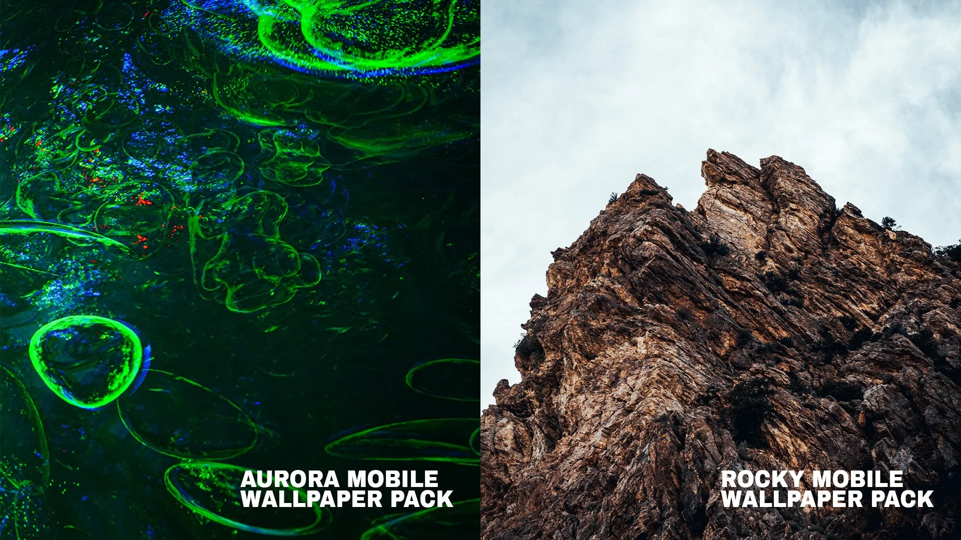 The image shows two different mobile wallpaper packs. The left side features an aurora-inspired design with swirling green, blue, and red colors resembling an aurora borealis. The right side displays a rocky mountain formation with jagged peaks against a cloudy sky. The bottom of each side has white text labeling the wallpaper packs:"AURORA MOBILE WALLPAPER PACK" on the left and "ROCKY MOBILE WALLPAPER PACK" on the right.