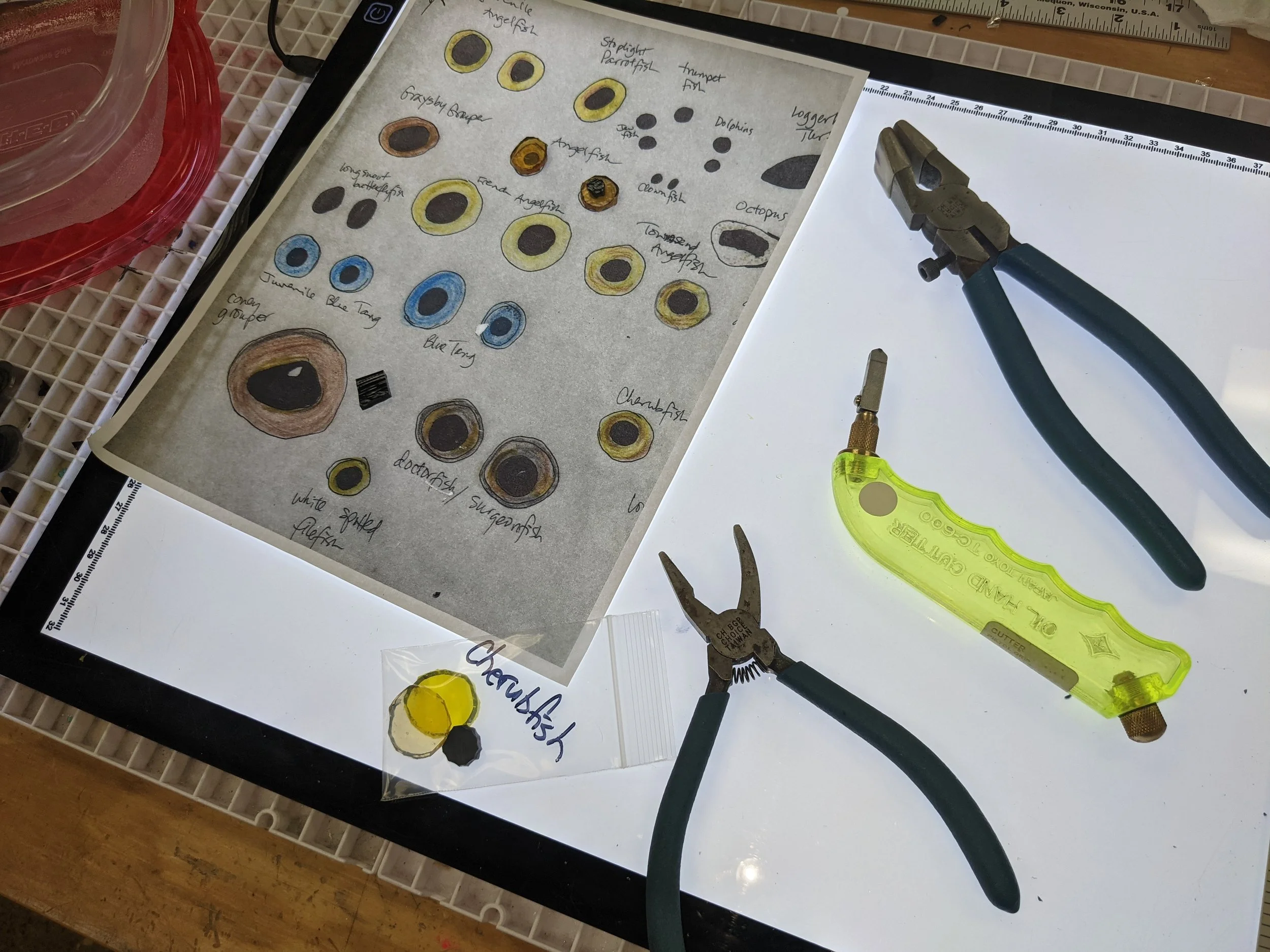Nearly all the fish eyes were created with fused glass by Kristine Shafer.