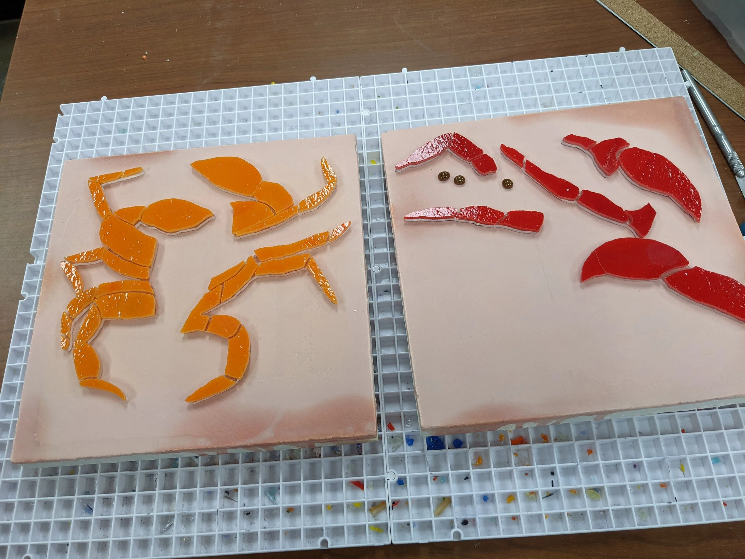 Base layer and color layer for the crab and lobster, loving named Armando perfectly cut on the ring saw by Jenny Ehrlich.