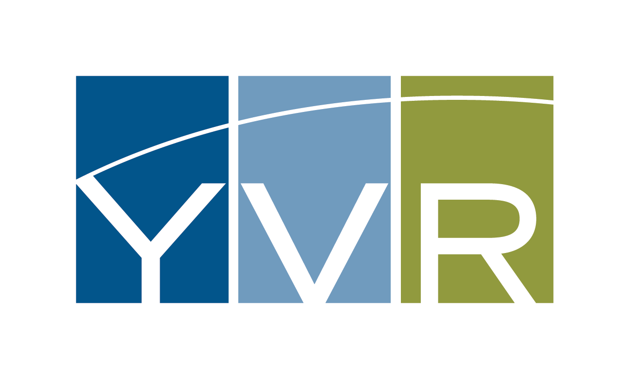 Logo with three squares containing the letters Y, V, R in white, in blue, light blue, and green backgrounds.