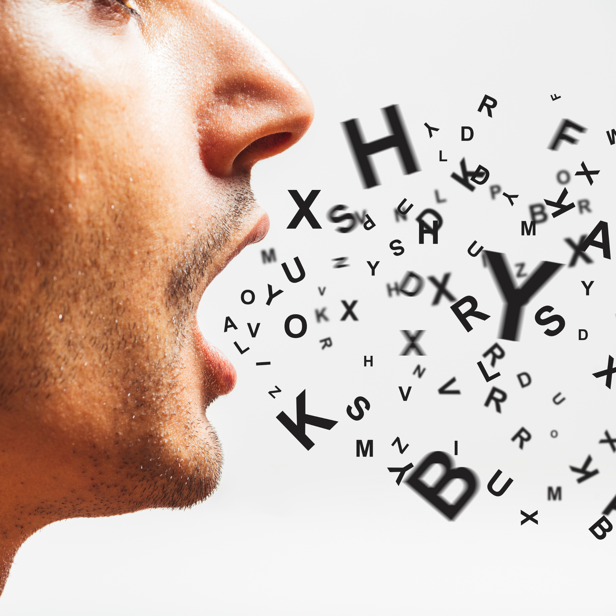 English letters appear to be coming out of a man's mouth