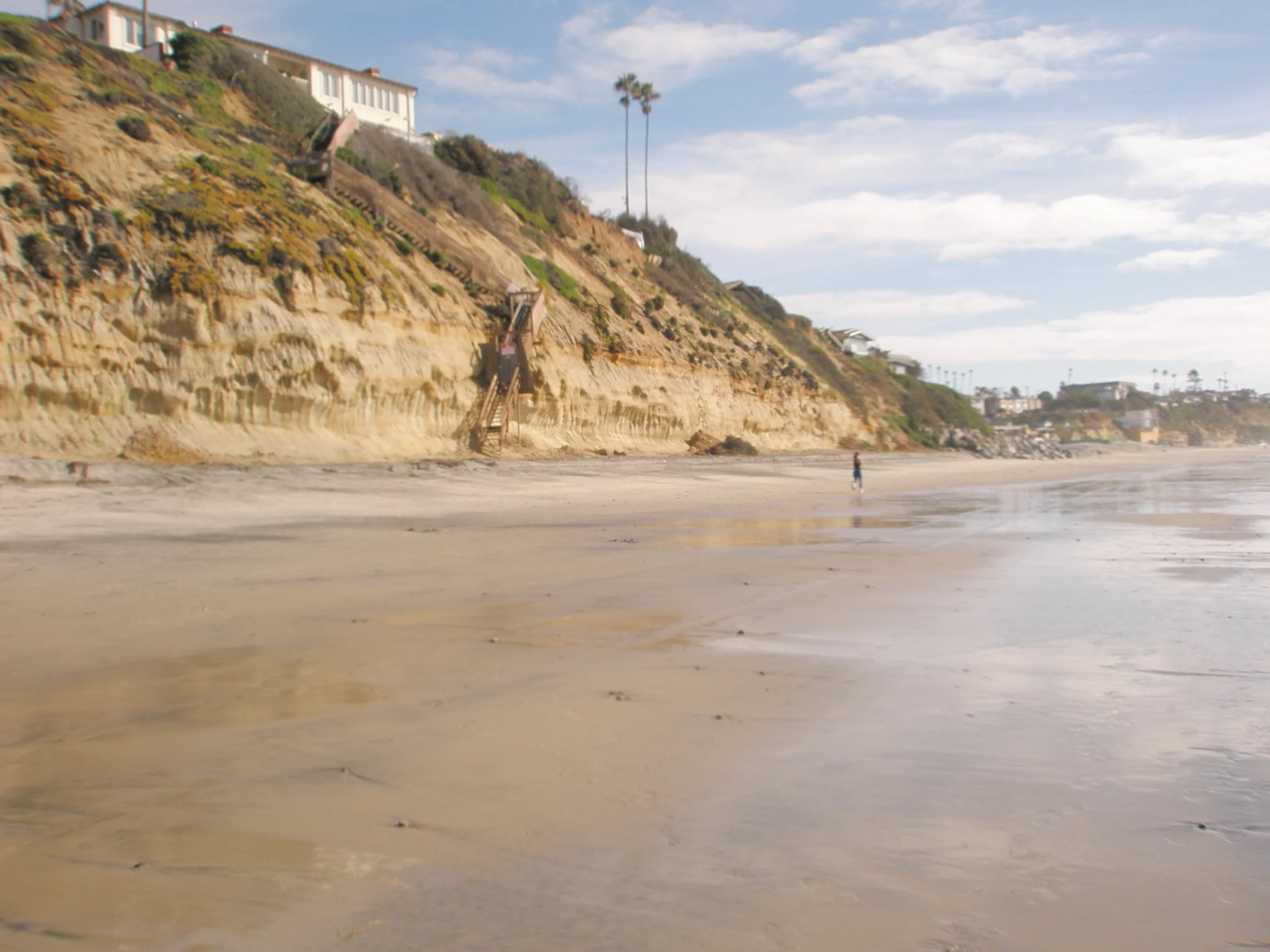 A sandy beach with a person walking near the shoreline, cliffs with houses on top, and tall palm trees in the distance under a partly cloudy sky.
