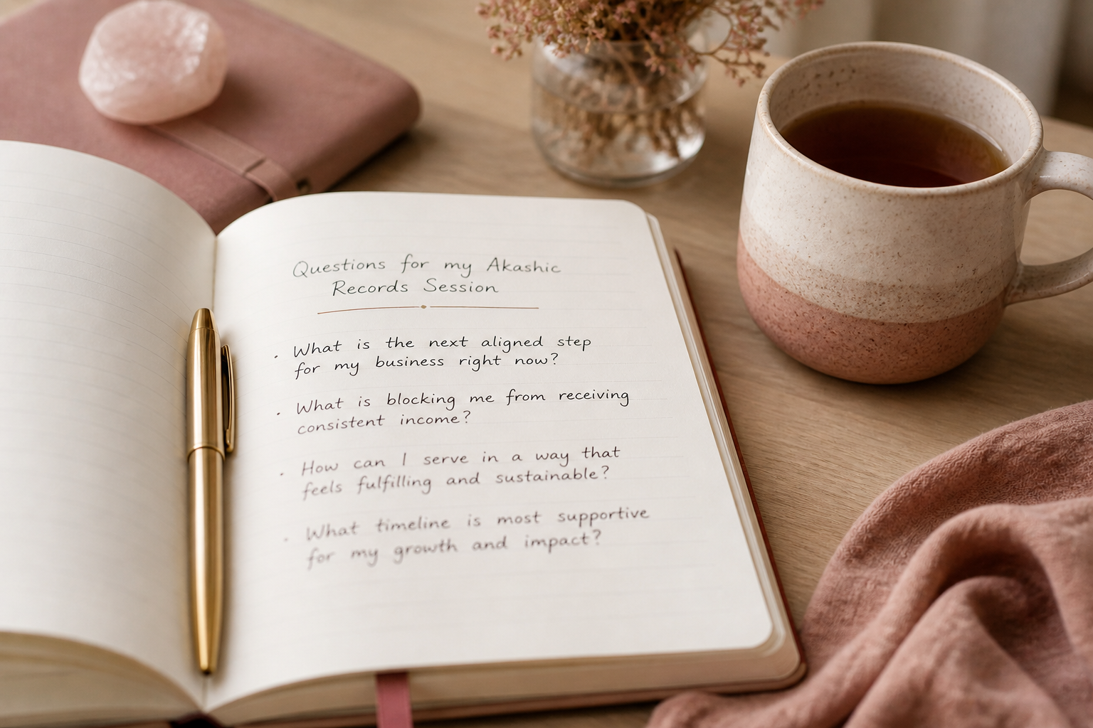Close-up of an open notebook with handwritten business questions beside a cup of tea, warm and calm setting.