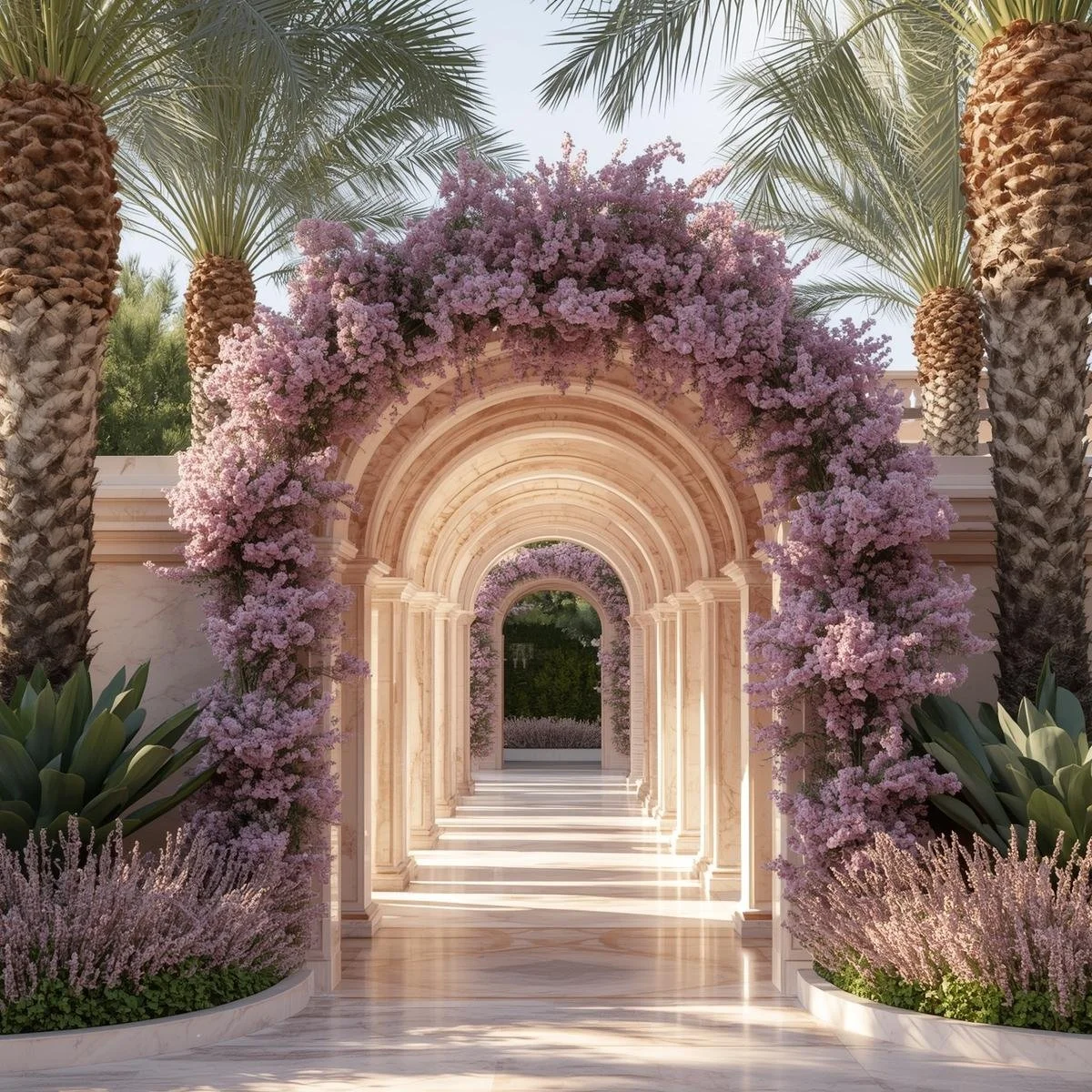 Blush stone sanctuary entrance with arches, palm trees, and soft florals representing Inner Bloom wellbeing space