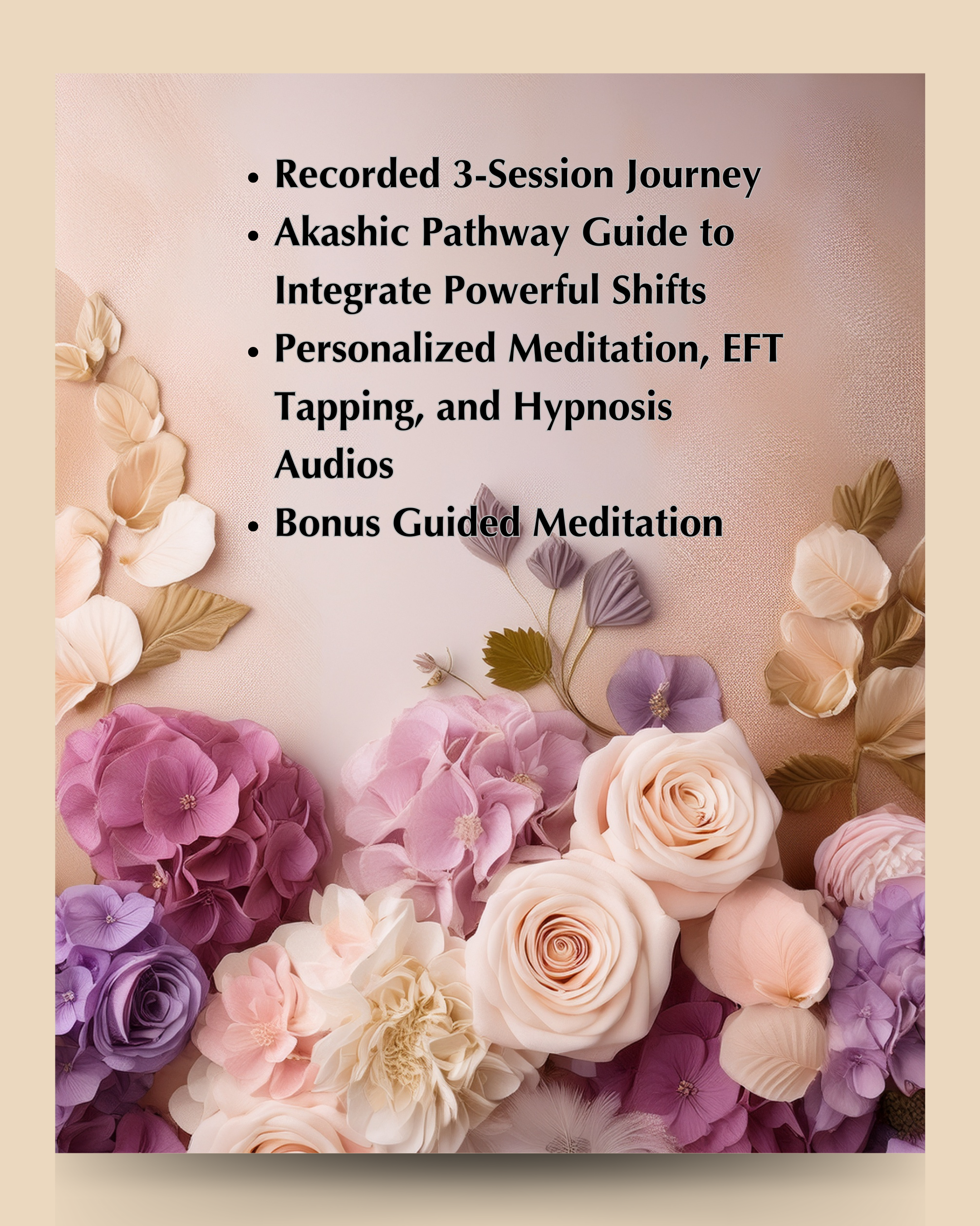 A refined, floral-themed graphic detailing The Akashic Pathway, a 3-session Akashic Records journey that includes personalized meditations, EFT tapping, and hypnosis audios.