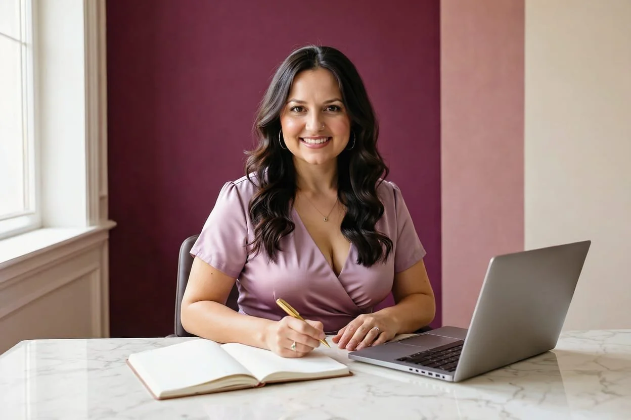 Intuitive income strategist Stephanie Sexton at laptop using AI social media post generator for business visibility.