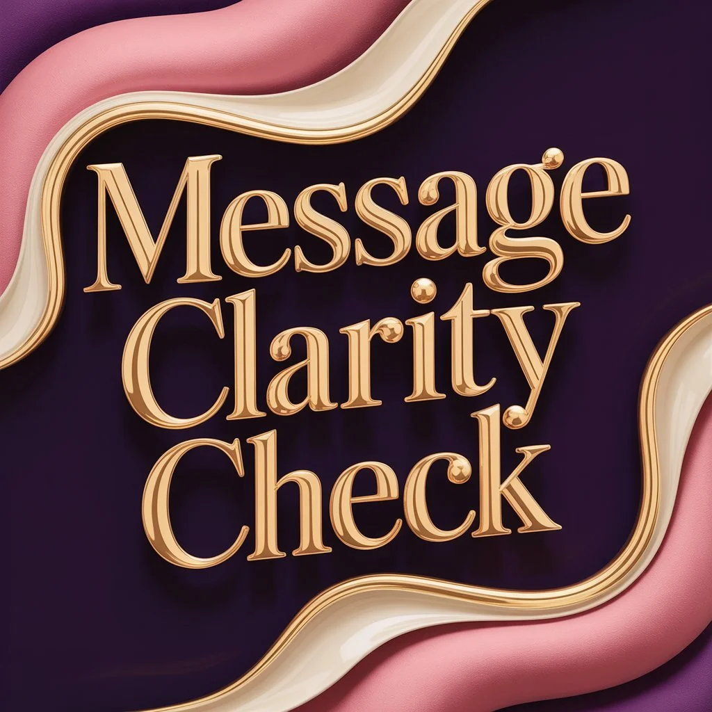 Gold 3D text "Message Clarity Check" on plum purple background with gold, cream, and dusty rose pink accents.