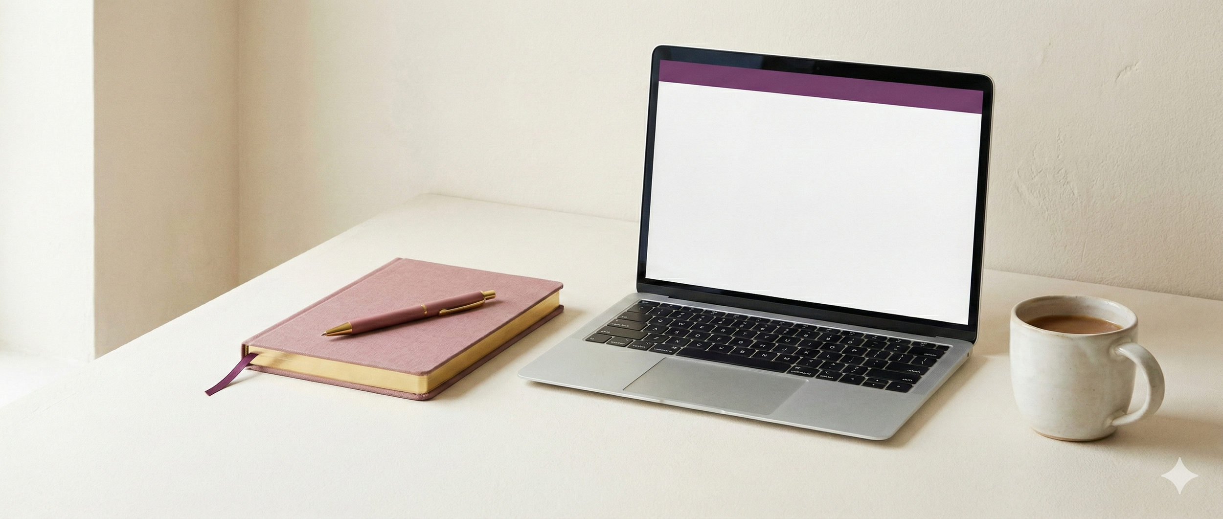 Social media management blog header showing a calm, minimalist workspace in cream, plum, and rose tones.