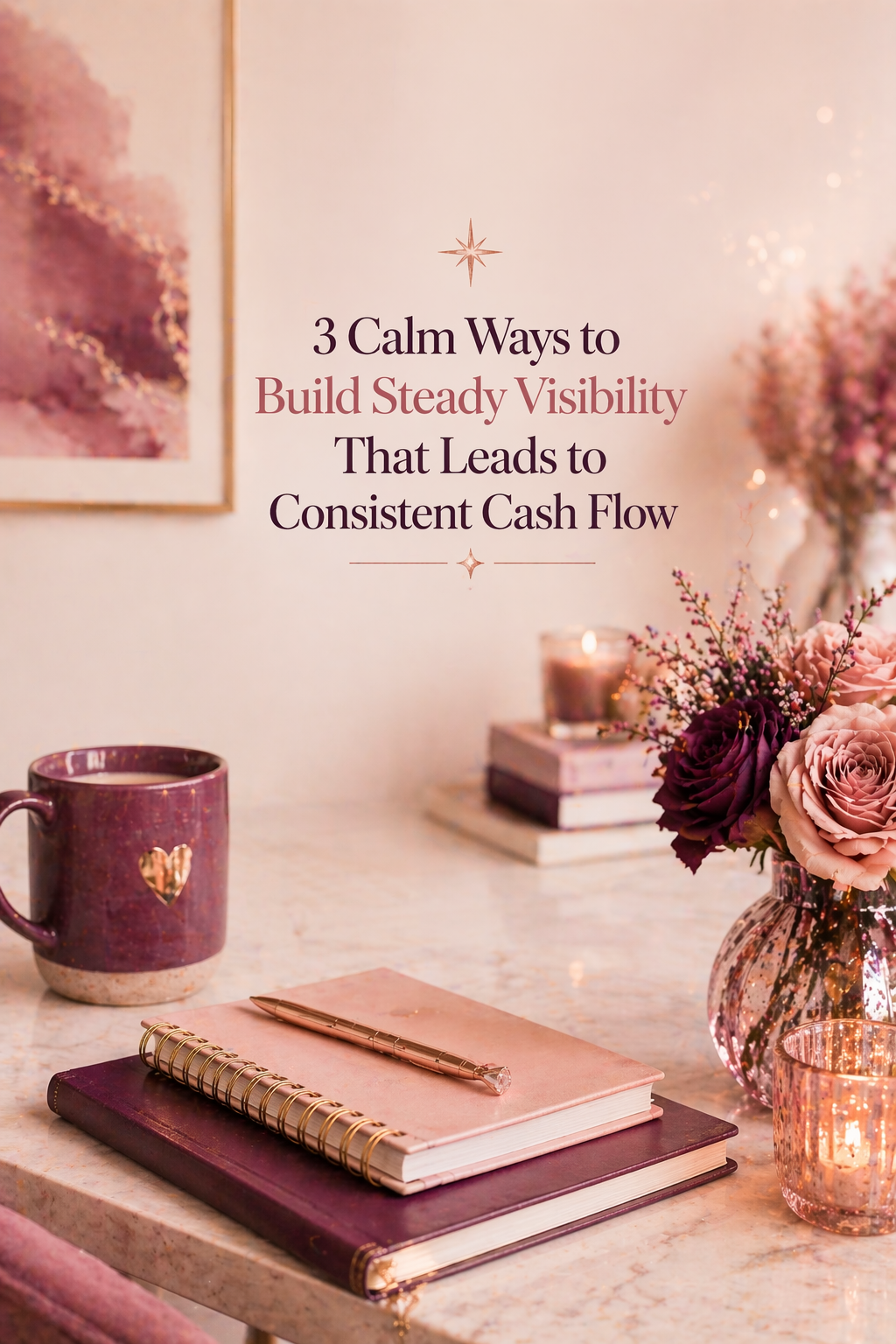 feminine workspace with soft pink and plum tones representing steady visibility and consistent cash flow for intuitive women entrepreneurs
