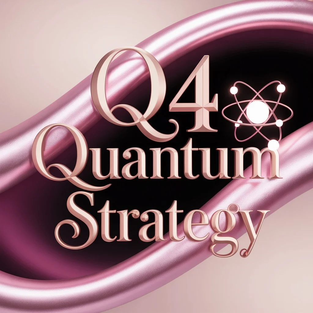 Glossy pink and purple 3D visual with the text “Q4 Quantum Strategy” and a stylized atom symbol, promoting a Q4 business clarity session for women entrepreneurs.
