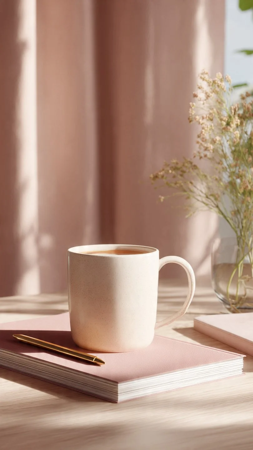 Cream ceramic mug on blush notebook with gold pen in soft natural light, representing Nine of Pentacles energy, grounded confidence, and self-worth in business success.
