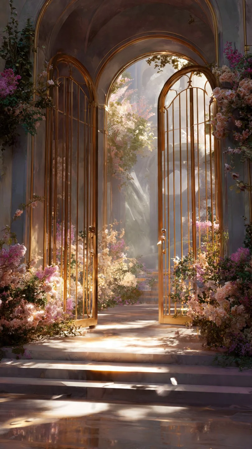 Open golden gates welcoming women into Inner Bloom, a lifetime membership for personal growth, wellbeing, community, and aligned income.