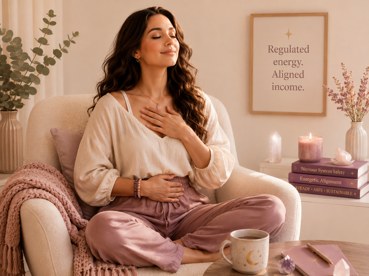 Woman seated with eyes closed practicing a somatic movement to support creative flow and income stability.