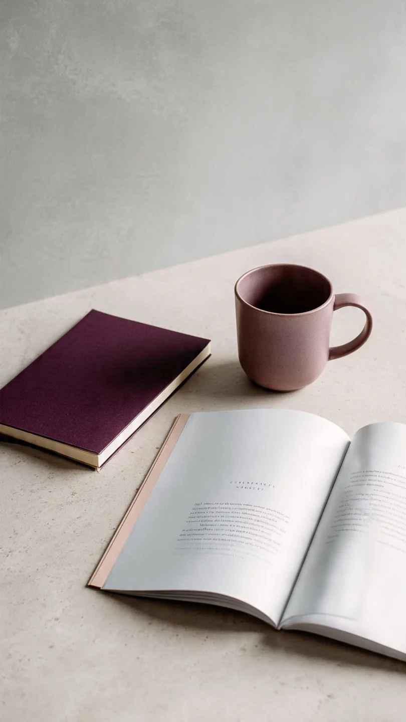 Minimal cream workspace with soft rose mug and open book, representing clarity over perfectionism and emotional regulation for business visibility.