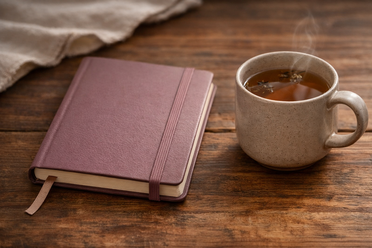 Closed notebook and tea on a wooden table, symbolizing completed decisions and calm focus
