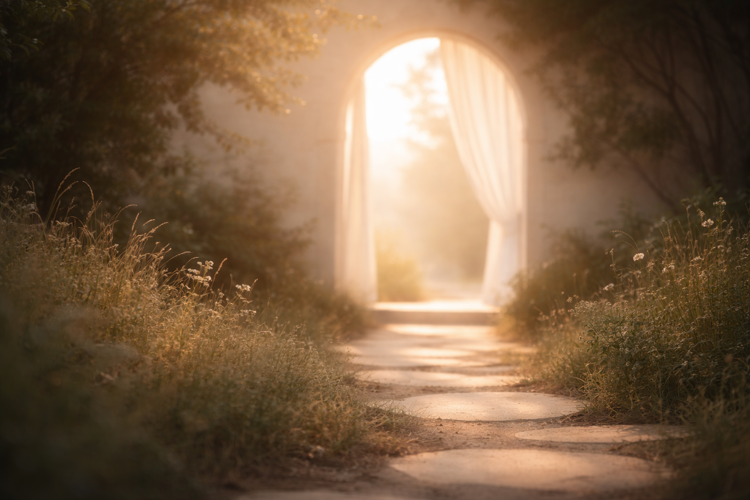 Sunlit path leading to an open doorway representing conscious identity, freedom, and self chosen direction