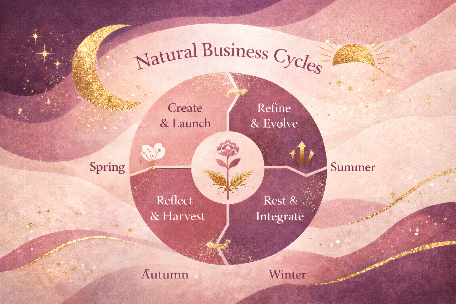 Natural business cycles shown as a four season business growth model with spring, summer, autumn, and winter phases in soft plum, dusty rose, cream, and gold tones