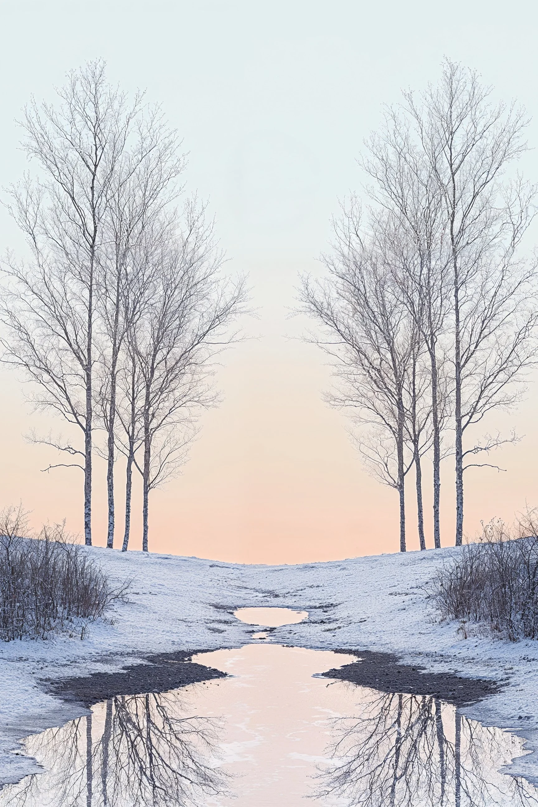 Snow-covered path with bare trees and soft reflected light, symbolizing embodied rhythm, steady progress, and sustainable growth through calm consistency.