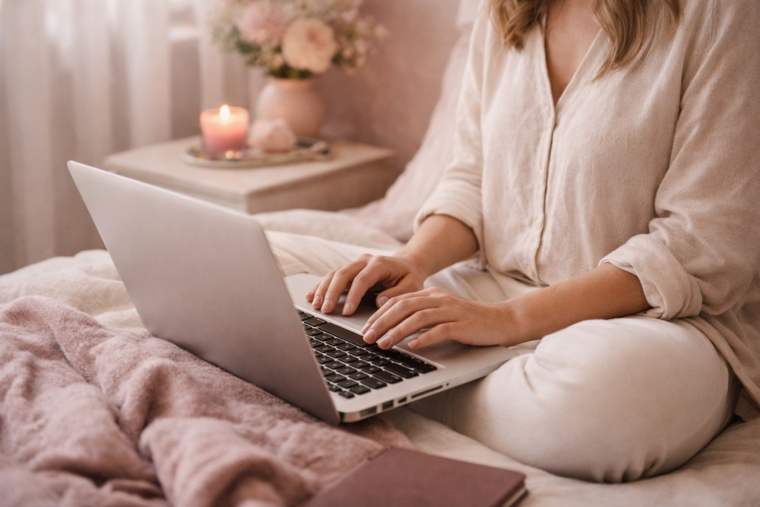 Woman working calmly on laptop in soft feminine environment representing steady visibility and sustainable business growth