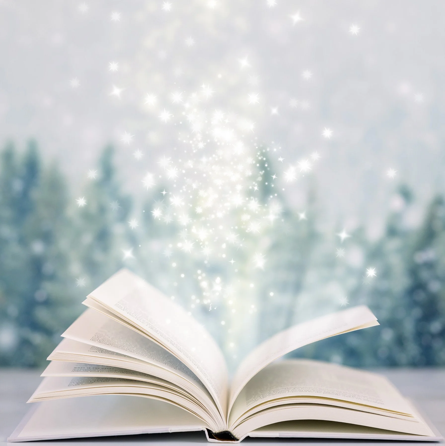 An open book with sparkling magical light emanating from the pages against a blurred nature background.