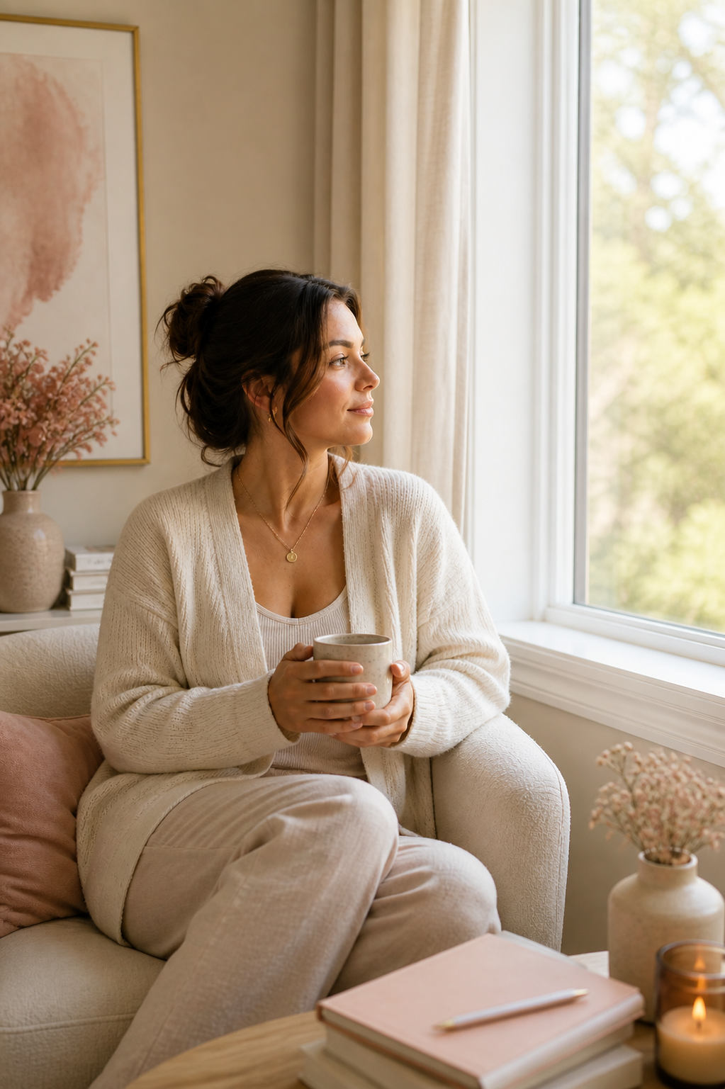 Woman at a window reflecting, representing the nervous system threshold in the two-week business disappearing pattern.